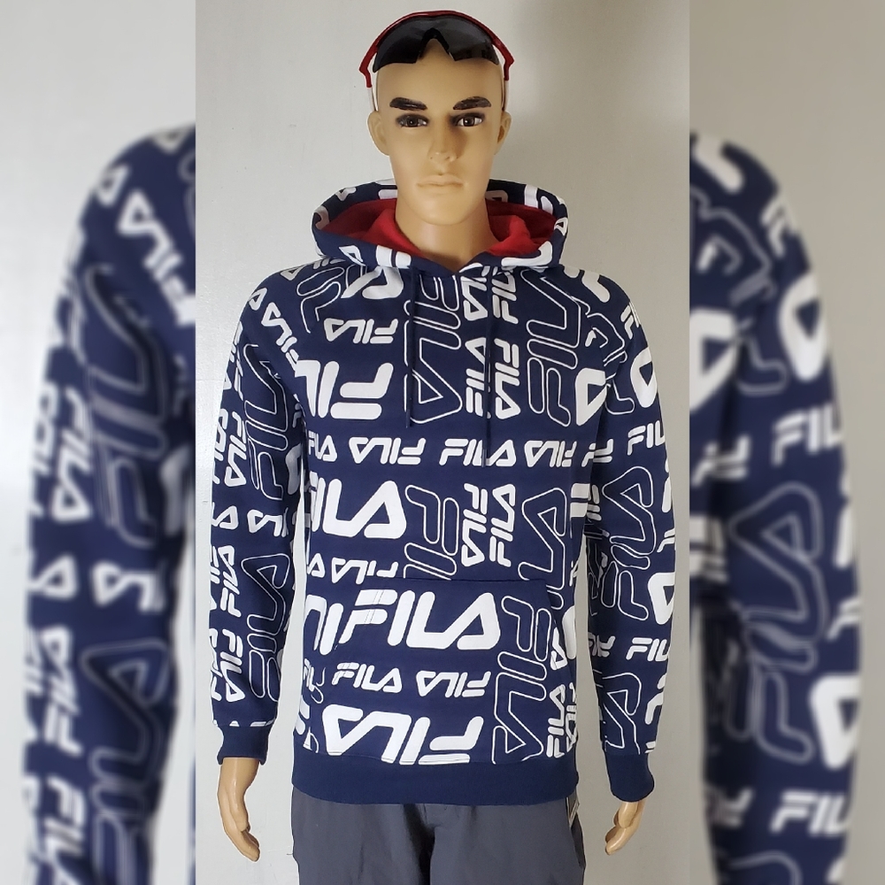 FILA HOP TO IT HODDIE MEN'S ALLOVER MIX LOGO PRINT BLUE SIZE L WITH POCKET